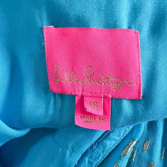 Lilly Pulitzer | Heline Turquoise Blue Gold Polka Dot Ruffle Plus Size Dress 16 - Picture 10 of 13